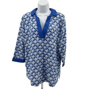 Sigrid Olsen Popover Linen Shirt Womens M Royal Blue Floral Collared 3/4 Sleeve